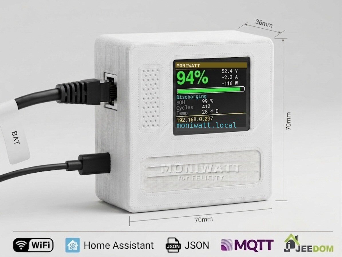Felicity Monitor box with screen showing battery state of charge, voltage and power
